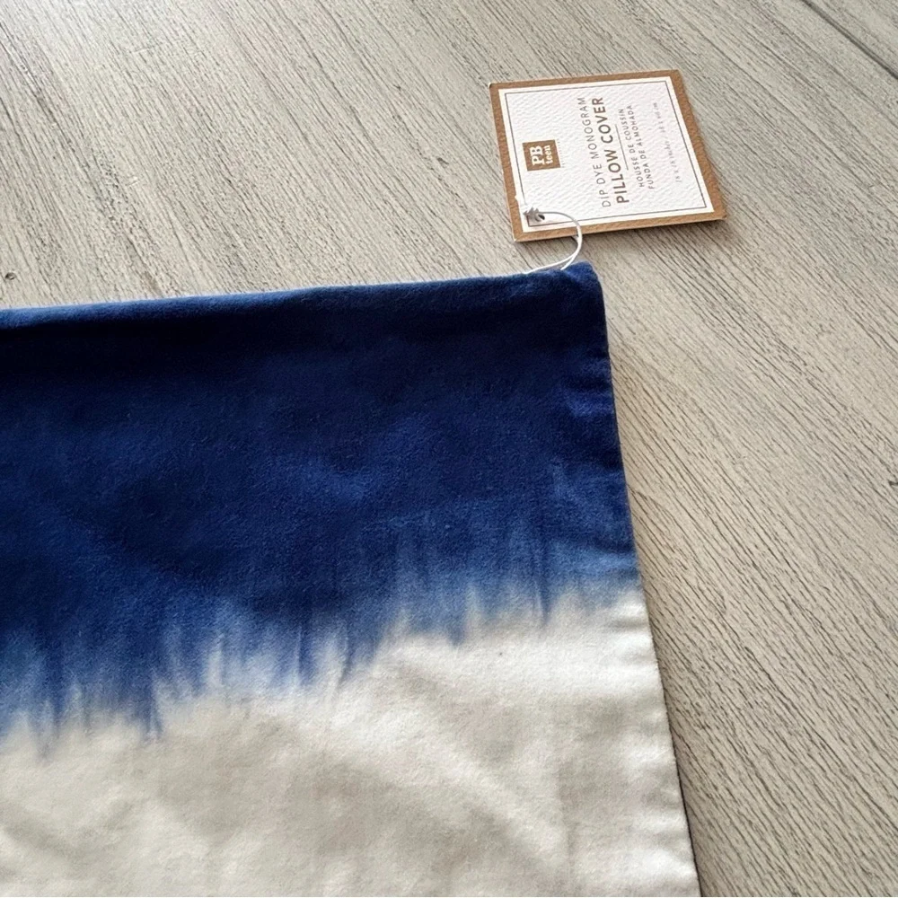 New POTTERY BARN TEEN Blue White Dip Dyed Velvet Square Pillow Cover 18” X 18”